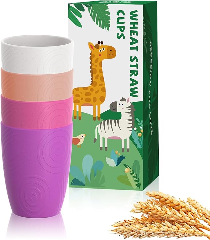 Homienly Drinking Glasses Wheat Straw Cups, Water Cup Set of 4, Reusable Cups, Unbreakable Plastic Drinking Cup, Dishwasher and Microwave safe, Cups for Kids - Flower Color