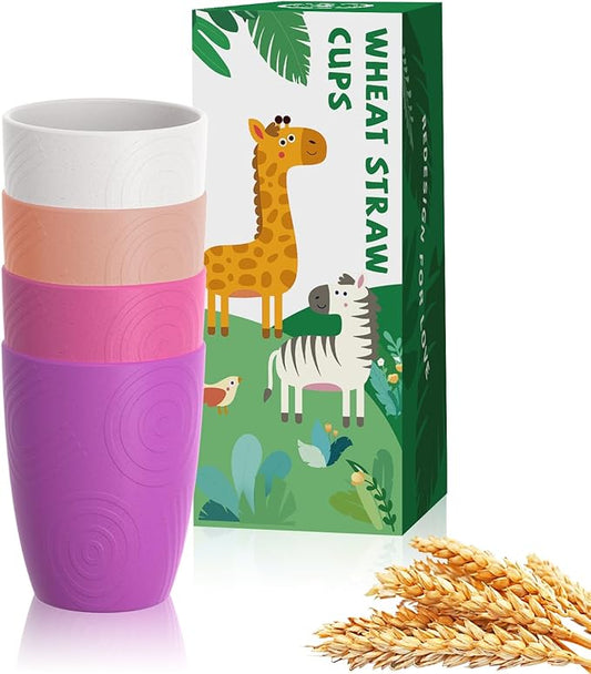 Homienly Drinking Glasses Wheat Straw Cups, Water Cup Set of 4, Reusable Cups, Unbreakable Plastic Drinking Cup, Dishwasher and Microwave safe, Cups for Kids - Flower Color