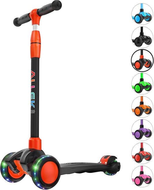 Allek Kick Scooter B03, Lean 'N Glide 3-Wheeled Push Scooter with Extra Wide PU Light-Up Wheels, Any Height Adjustable Handlebar and Strong Thick Deck for Children from 3-12yrs (Black-Red)