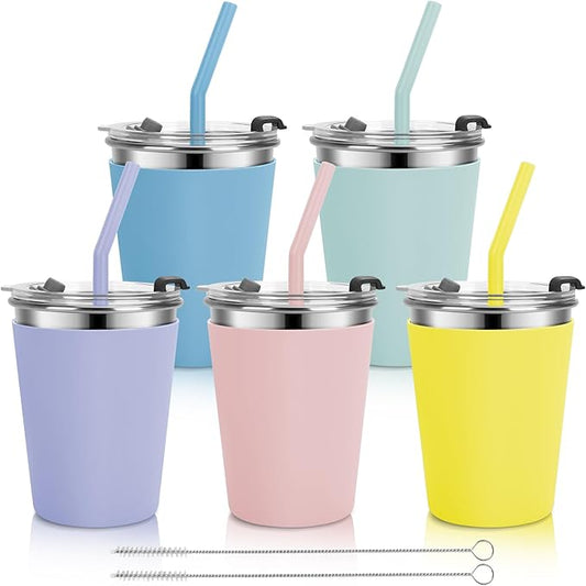 Stainless Steel Kids Cups with Lids and Straws Leakproof, 5 Pack 12oz Spill Proof Cup for Kids Tumblers Unbreakable Sippy Cup with Straws for School, Outdoor (Multicolor)