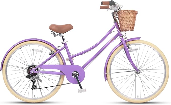 Glerc 20 24 26 Inch Beach Cruiser Bike, 6-Speed Hybrid City Bicycle for Girls Youth and Over 6 Years Old, Missy Bike with Wicker Basket & Lightweight, Multiple Colors