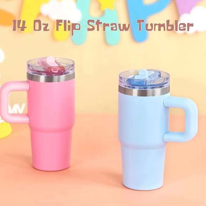 Cosictic 14 Oz Flip Straw Tumbler with Handle for Kids, Stainless Steel Double Wall Insulated Cup for Children with Flip Top Lid, 14 Oz Leak-proof Cups for Kids, Sky Blue and Pink