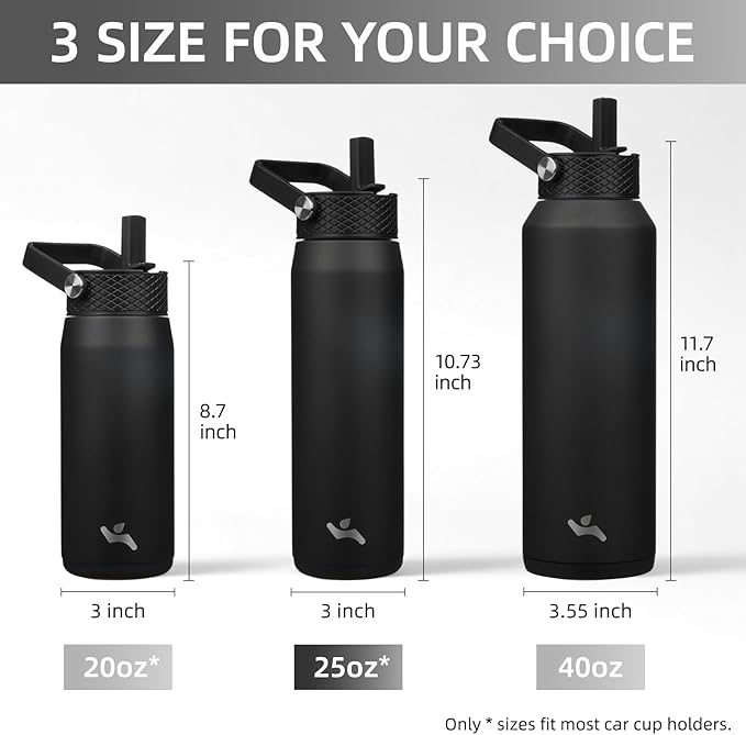 25oz Insulated Stainless Steel Water Bottle with Straw and 3 Lids, BPA-Free Sports Water Bottle,travel water bottle,Black