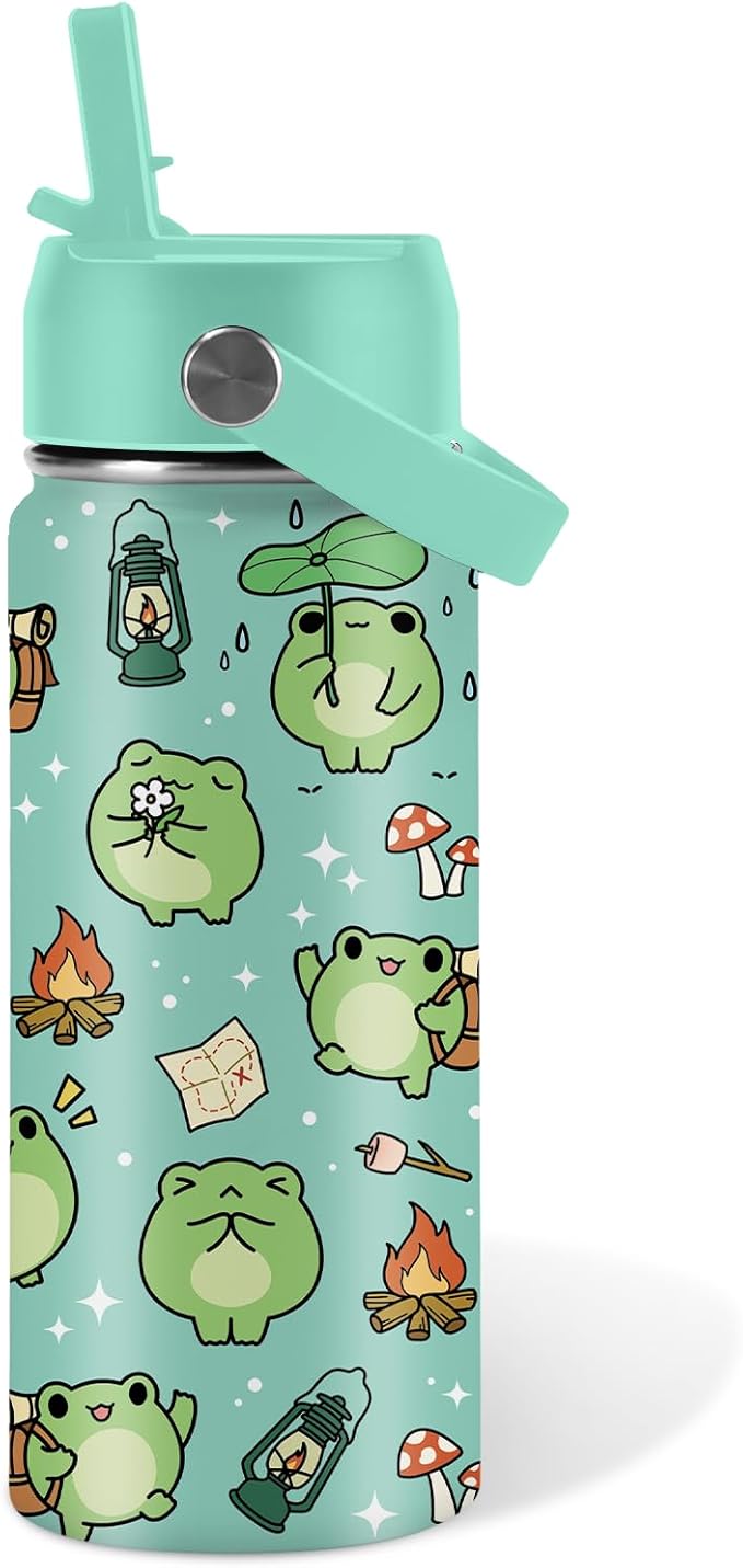 Frog Gifts for Kids - 16oz Cute Green Frog Water Bottle with Straw Lid, Stainless Steel Insulated Tumbler, Leakproof, BPA-Free, for Boys & Girls, School - Animal Frogs Lovers Birthday Gift Cup (1pc)