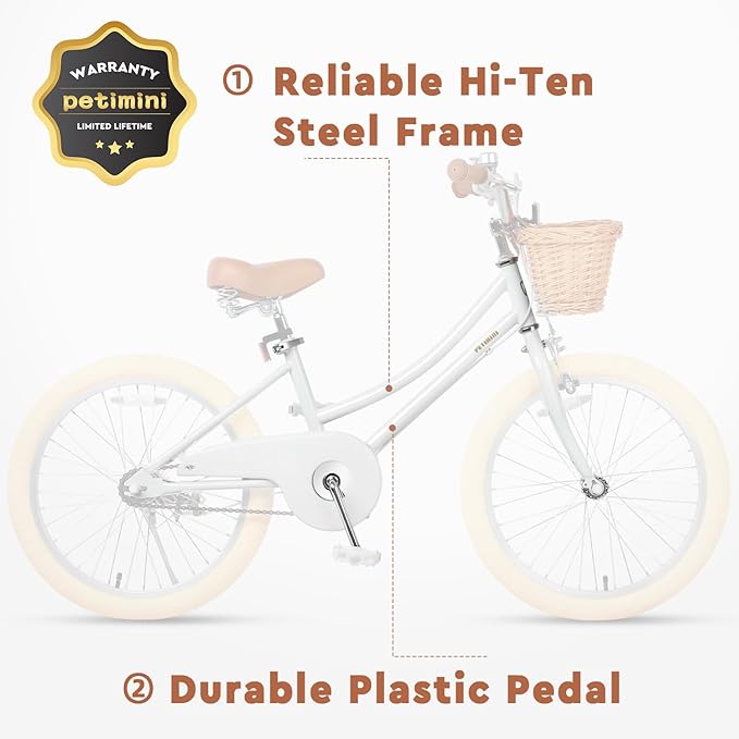 Petimini Girls Bike with Basket for 2-12 Years Old Kids, 12 14 16 18 20 Inch Bicycle with Bell Training Wheels Basket, Multiple Colors