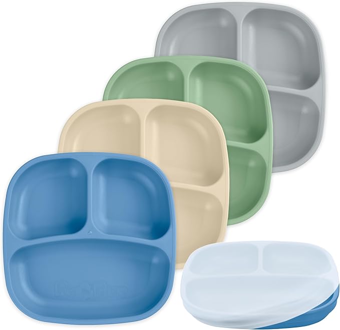 Re-Play Toddler Plates with Dividers & Silicone Lid - Deep-Walled 3 Compartments Divided Plates for Kids - Dishwasher/Microwave Safe - Made in USA - Set of 4-7.37" x 7.37" x 1.25" - Cool Naturals
