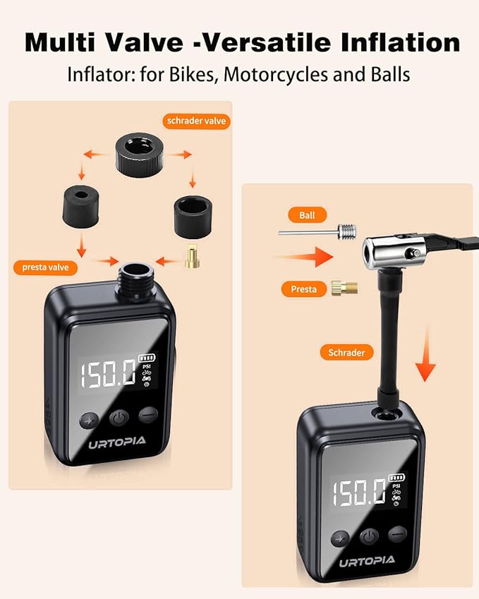 URTOPIA Mini Bike Tire Pump, Fast Inflate Bicycle Pump with Gauge, Rechargeable 150PSI Portable Electric Bike Air Pump with Presta and Schrader Valve for Road Bike, Ebike, Motorcycle, Ball