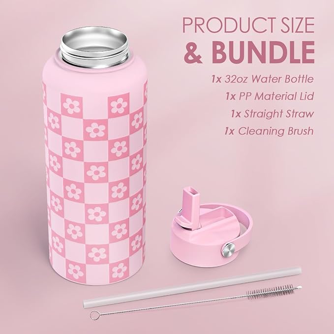 Checker Daisy Water Bottle 32oz Stainless Steel with Lid & Straw, Checkerboard Insulated Bottles Gifts for Women Girls Friends, Gift Idea for Birthday Christmas