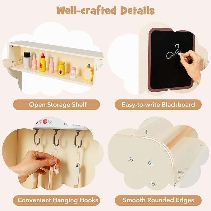 Costzon Corner Kitchen Playset, Kitchen Toy Set w/Real Lights & Sounds, Large Fridge, Ice Maker, Oven, Microwave, Washer, Trash Can & 22 Accessories, Wooden Pretend Play Kitchen for Kids 3+ (Beige)