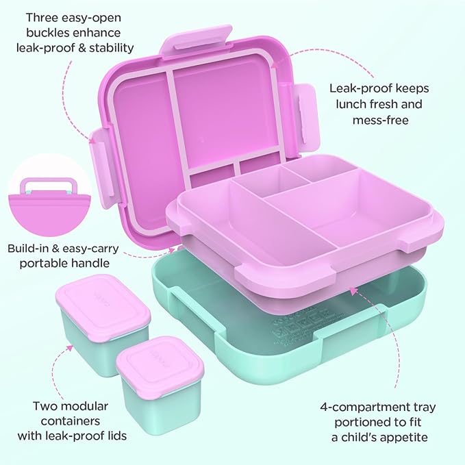 Caperci Bento Box for Kids - Large 4.8 Cups Lunch Box with Two Modular Containers - 4 Compartments, Leak-Proof, Portable Handle, Microwave/Dishwasher Safe, BPA-Free (Orchid/Light Cyan)
