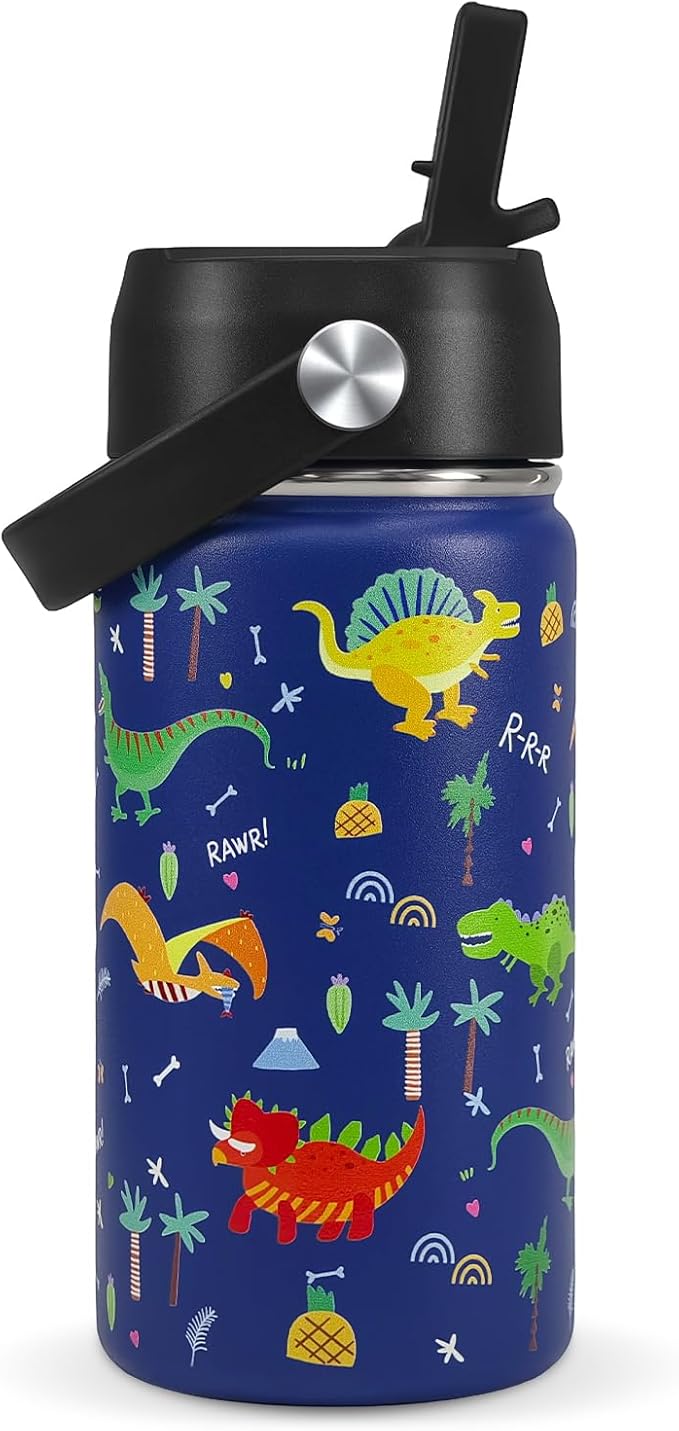 Dinosaur Kids Water Bottle With Straw Lid,14 oz Stainless Steel Travel Bottle,Double Wall Leak Proof Kids Cup,Insulated Tumbler for Toddlers,Metal Bottle for School Boys Girls