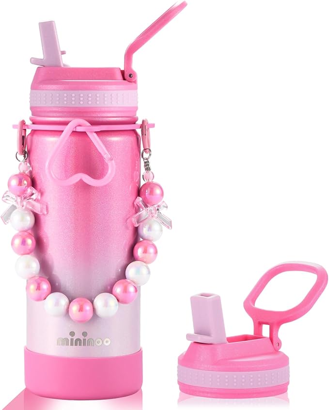 Mininoo Kids Water Bottle for School - 16 oz Stainless Steel Insulated Water Bottle with Ceramic-Lined, Leakproof Straw Lid & Beaded Handle for Girls & Boys