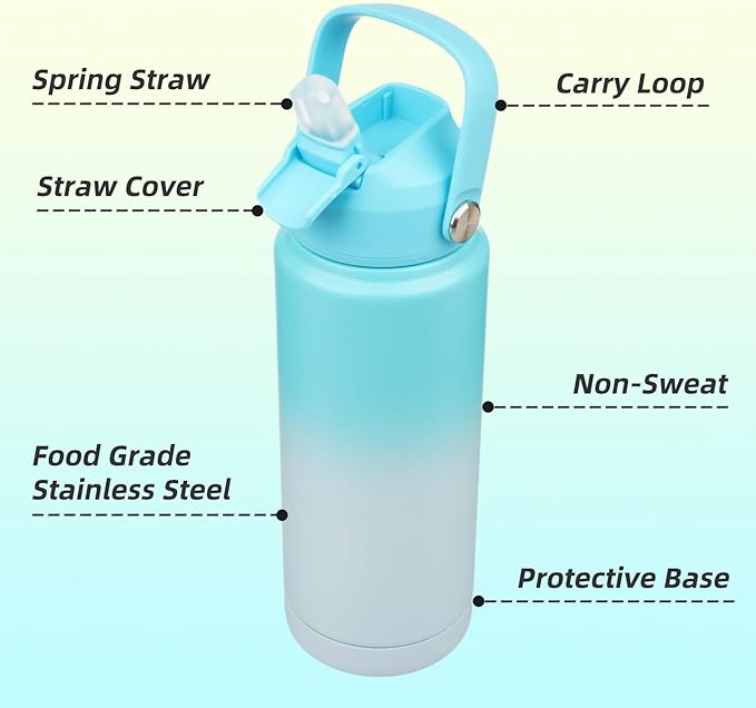 Insulated Water Bottle with Straw Lid,24 oz Stainless Steel Vacuum Metal Bottle with Silicone Handle,Sea Salt