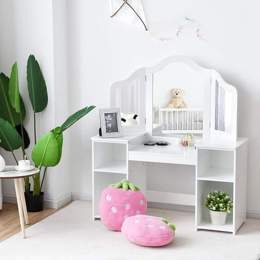 Costzon Kids Vanity, 2 in 1 Princess Makeup Desk Dressing Table with Detachable Top, Toddler Vanity with Tri-fold Mirror & Storage Shelves, Vanity for Little Girls, White