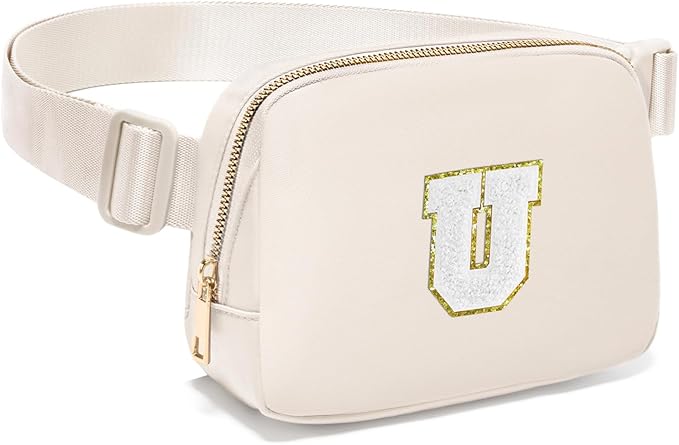 Gitus Birthday Gifts for 8 9 10 11 12 13 Year Old Girls Personalized Fanny Pack Crossbody Bags with Initial Letter Patch Belt Bag for Teen Girls Cute Trendy Stuff Travel Essentials (Ivory-U)