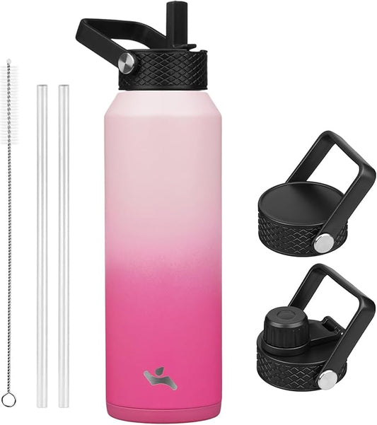 40oz Insulated Stainless Steel Water Bottle with Straw and 3 Lids, BPA-Free Sports Water Bottle,travel water bottle,Cherry Blossom