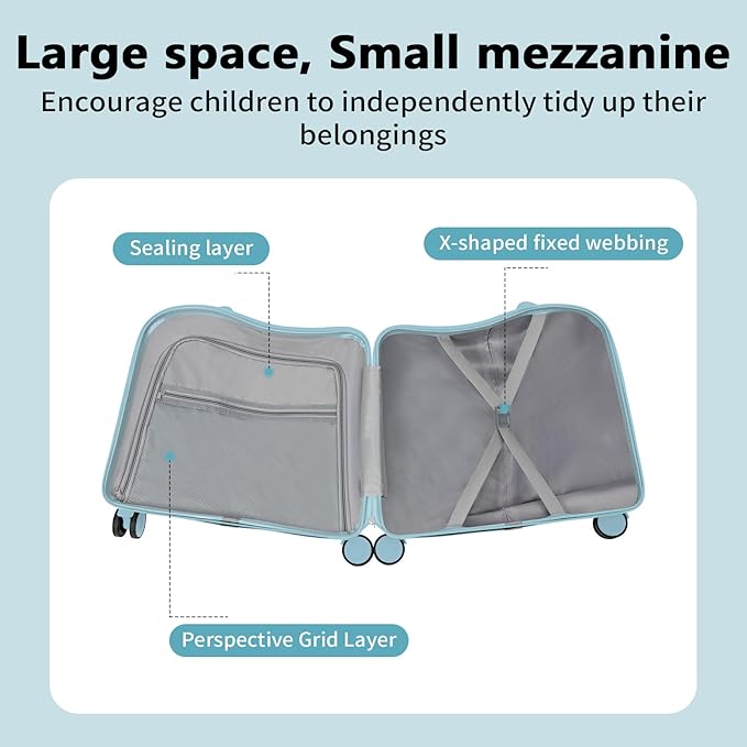 18 inch Children's Ride On Trolley, Kids Ride On Luggage with Universal Wheel, Kids Ride-On Suitcase, Waterproof Unisex Boys Girls Travel Suitcase (Sky Blue)