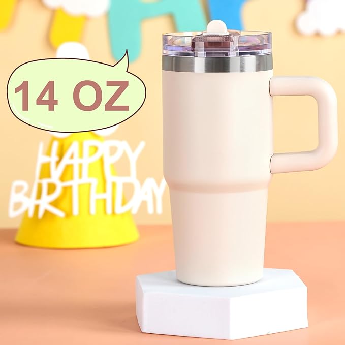 Cosictic 14 Oz Flip Straw Tumbler with Handle for Kids, Stainless Steel Double Wall Insulated Cup for Children with Flip Top Lid, 14 Oz Leak-proof Cups for Kids,Rose Quartz