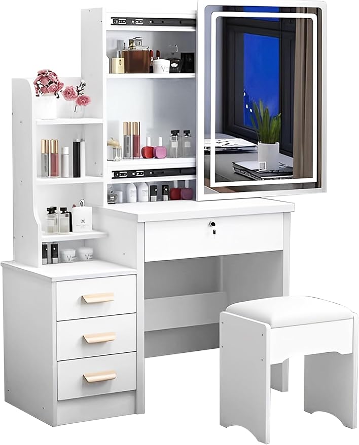 KUIKUI Makeup Vanity Desk Mirror with Lights, Vanity Desk with Mirror and Lights, Vanity Mirror with Lights Desk and Chair, 35.43''x15.35''x53.15'', 4 Drawers