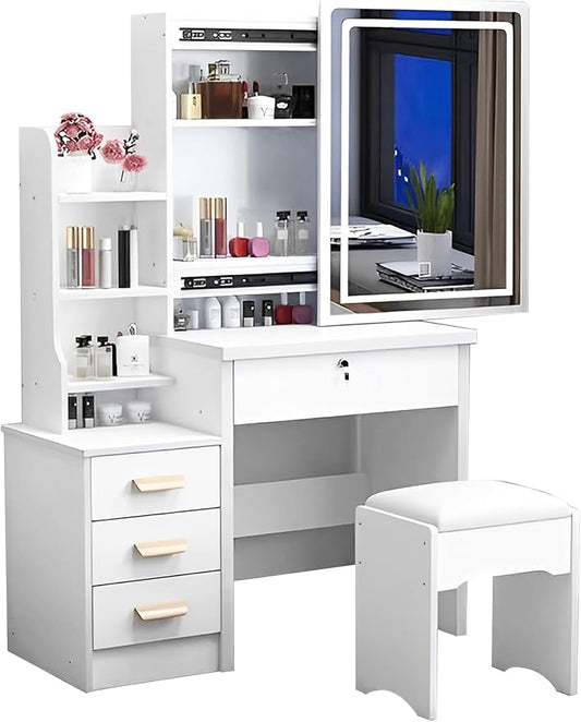 KUIKUI Makeup Vanity Desk Mirror with Lights, Vanity Desk with Mirror and Lights, Vanity Mirror with Lights Desk and Chair, 35.43''x15.35''x53.15'', 4 Drawers