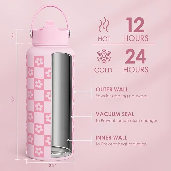 Checker Daisy Water Bottle 32oz Stainless Steel with Lid & Straw, Checkerboard Insulated Bottles Gifts for Women Girls Friends, Gift Idea for Birthday Christmas