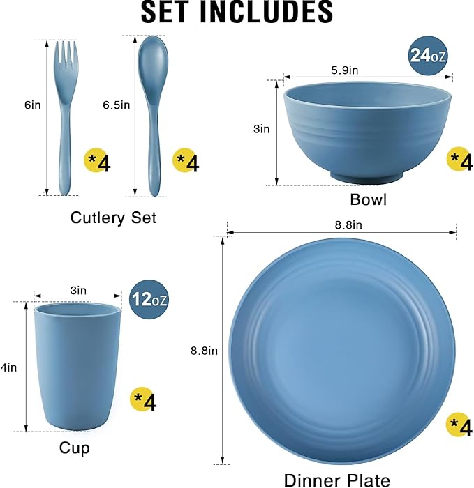 Shopwithgreen Wheat Straw Dinnerware Sets for 4, 20 PCS Unbreakable Plates and Bowls Sets, Reusable Dinner Dishes Set, Bowls, Cups, Plates for Camping, Kitchen, RV, Dorm, Dishwasher Microwave Safe