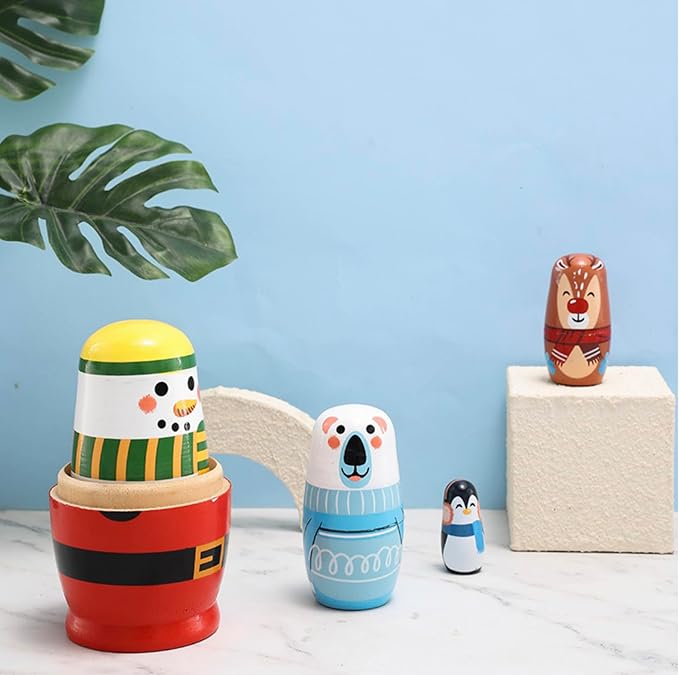Christmas Cartoon Animals Nesting Dolls Wooden Matryoshka Russian Doll Handmade Stacking Toy Set 5 Pieces for Kids