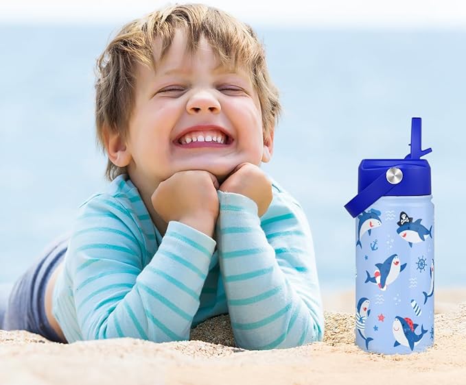 Shark Kids Water Bottle With Straw Lid 12oz Insulated Stainless Steel, Travel Tumbler, Gifts For Boys Girls, Birthday, Christmas, Back To School