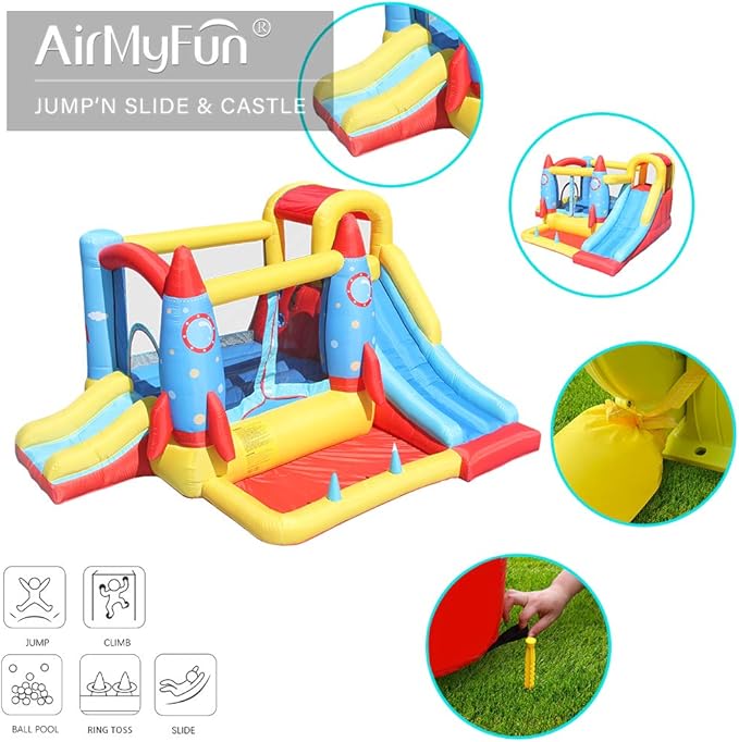 AirMyFun Inflatable Bounce House,Bouncy Castle with Air Blower,Play House with Ball Pit,Inflatable Kids Slide,Jumping Castle with Carry Bag(Rocket Theme)