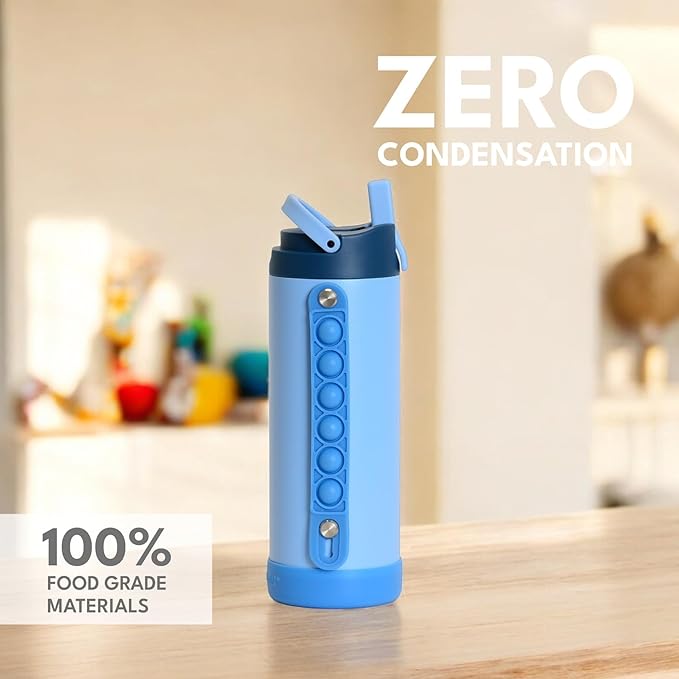 Elemental Iconic Kids Water Bottle for School - 100% Leak-Proof Insulated Water Bottles with Straw Lid & Pop-It Handle for Boys & Girls - Triple-Wall Insulated & BPA-Free, 14oz – Ocean Blue
