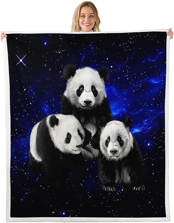 Panda Plush Blanket Galaxy Space Panda Bear Fleece Throw Blanket for Kids Boys Girls Cute Wild Animal Sherpa Blanket Ultra Soft Decor Stars Cartoon Giant Panda Fuzzy Blanket for Sofa 40x50 Inch