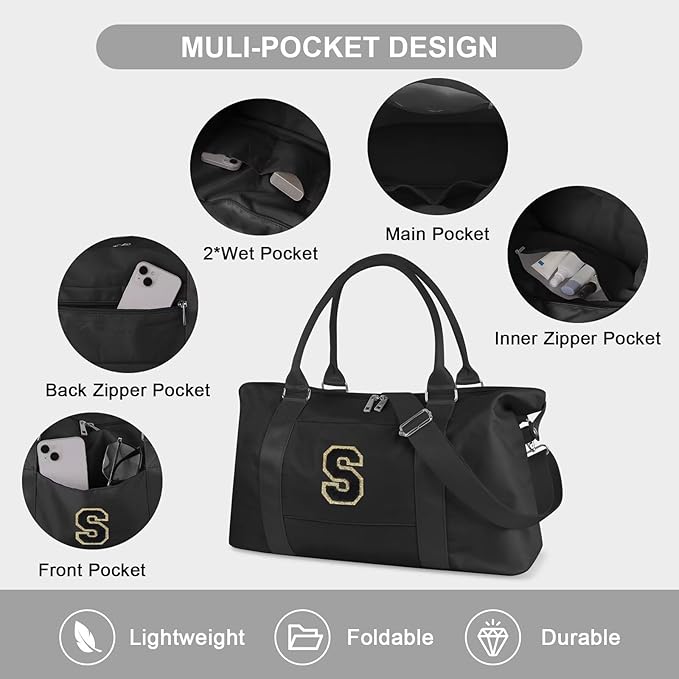 Dance Gym Duffel Bag for Teen Girls, Personalized Initial Travel Weekender Bag,Cute Overnight Carry On Duffle for Women,Sports Travel Cheer Bag,Monogram Christmas Gifts for Tween Preppy(black-S)