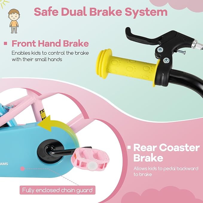 BABY JOY Colorful Macarons Kids Bike, 12 14 16 18 Inch Sporty Children's Bicycle with Training Wheels, Adjustable Handlebar & Saddle, Handbrake & Coaster Brake, Boys Girls Bike for 3-8 Years Old