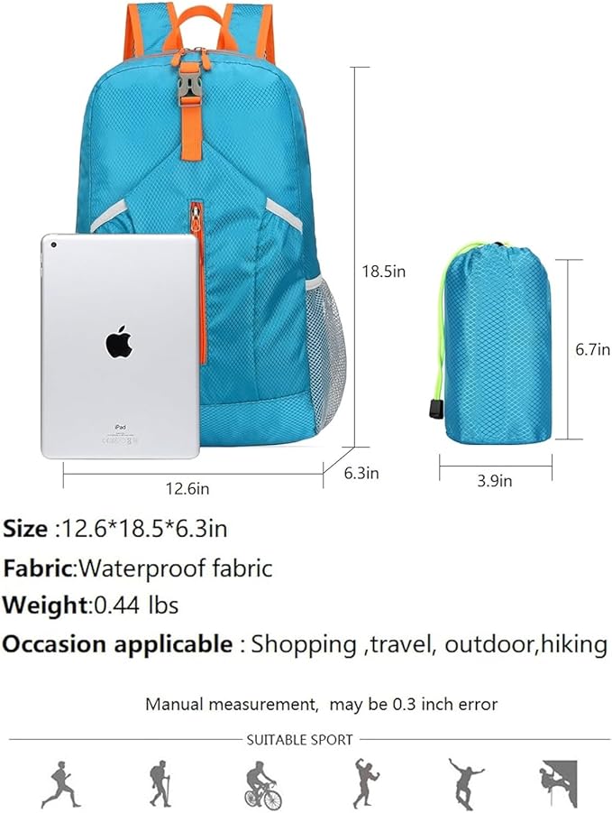 25L Foldable Hiking Backpack Lightweight Packable Basic-Daypack Collapsible Bag Water-Resistant Travel Men Women Camping Cycling Outdoor (Blue)