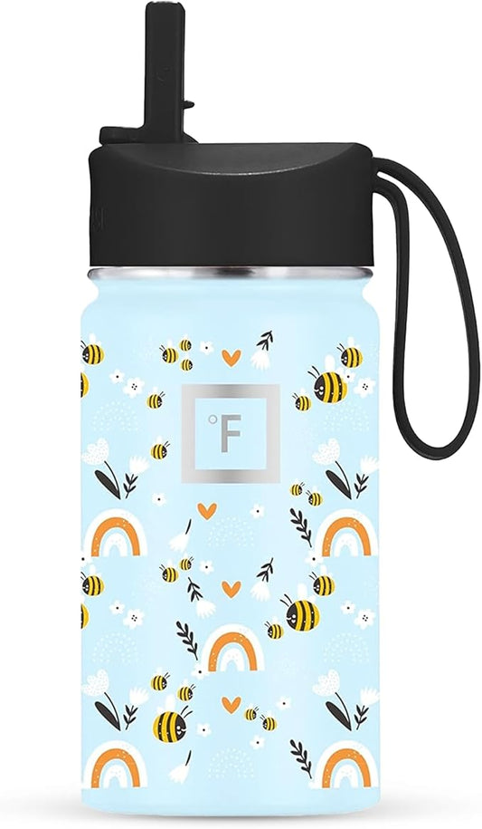 IRON °FLASK Kids Water Bottle - Straw Lid, 20 Name Stickers, Vacuum Insulated Stainless Steel, Double Walled Tumbler Travel Cup, Thermos Mug - Sweet Bees, 14 Oz
