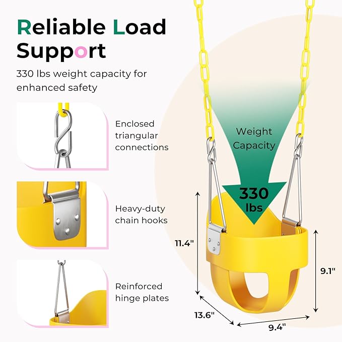 DECORLIFE Toddler Swing - High Back Full Bucket Seat for Ages 1-3, 330lb Capacity, Baby Infant Swing Outdoor with Safety Design, Plastic-Coated Chains, Carabiners for Backyard, Garden-Yellow