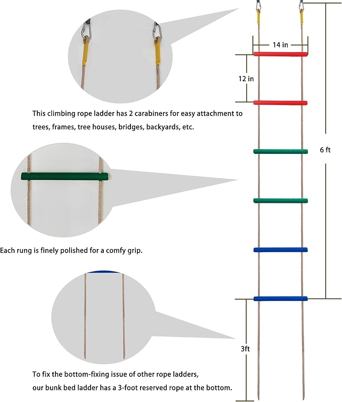 Wooden Climbing Rope Ladder for Kids: 6 - Foot - Long, 14 - inch - Wide, Sturdy, Durable, for Indoor/Outdoor Use, Good for Health, a Fantastic Gift (One Multicolored Set)