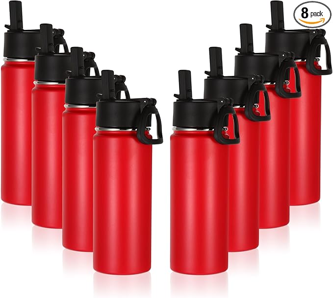 Volhoply 16 OZ Kids Water Bottle Bulk 8 Pack,Insulated Sports Bottles with Straw Lid,Stainless Steel Bottle with Handle Keep Cold & Hot,Double Wall Vacuum Tumbler Cups for School,Girls(Red, 8)