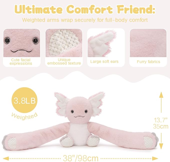 MaoGoLan Microwavable & Weighted Axolotl Stuffed Animal,3.8 lbs 38" Long Arms Freezable Salamander Huggable Weighted Plush Toys, Warm and Comfort Heated Axolotl Plushie for Adults,Kids