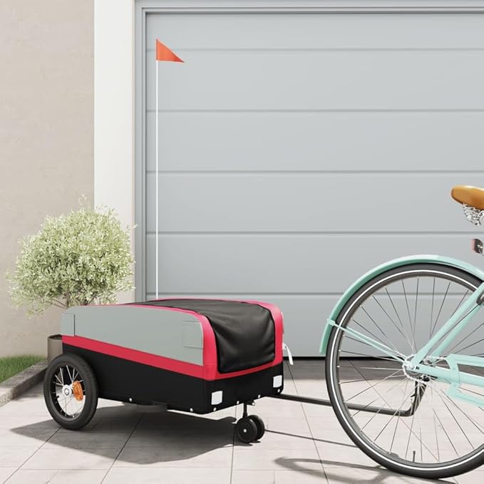 Bike Trailer Bicycle Cargo Trailer, Bike Wagon Trailer, Bike Cart with Safety Flag, Black and Red 66.1 lb Iron, 48"x20.9"x20.9"