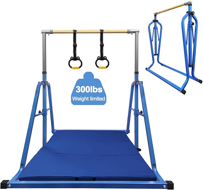 Foldable Gymnastics Kip Bar,Horizontal Bar for Kids,No Wobble Gym Equipment for Home Indoor,3' to 5' Adjustable Height,Gymnasts 1-4 Levels,300 lbs Weight Capacity