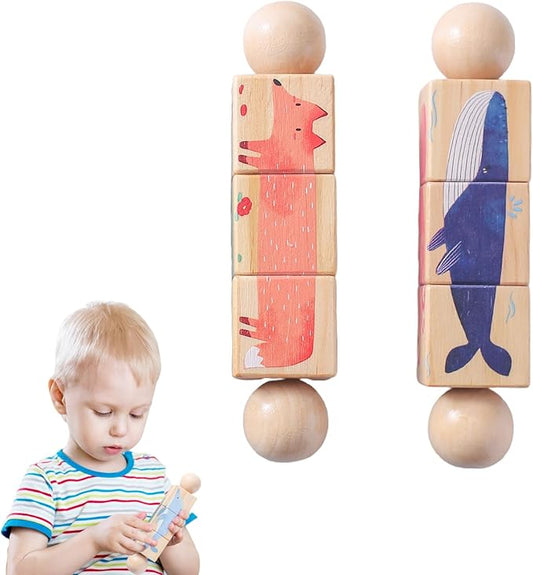 Promise Babe Wooden Animal Puzzle Toy for Toddlers 1-3, Rotating Spin Twist Blocks Set of 2, Learning Educational Montessori Toy Gifts for Kids Boys Girls, Whale and Fox