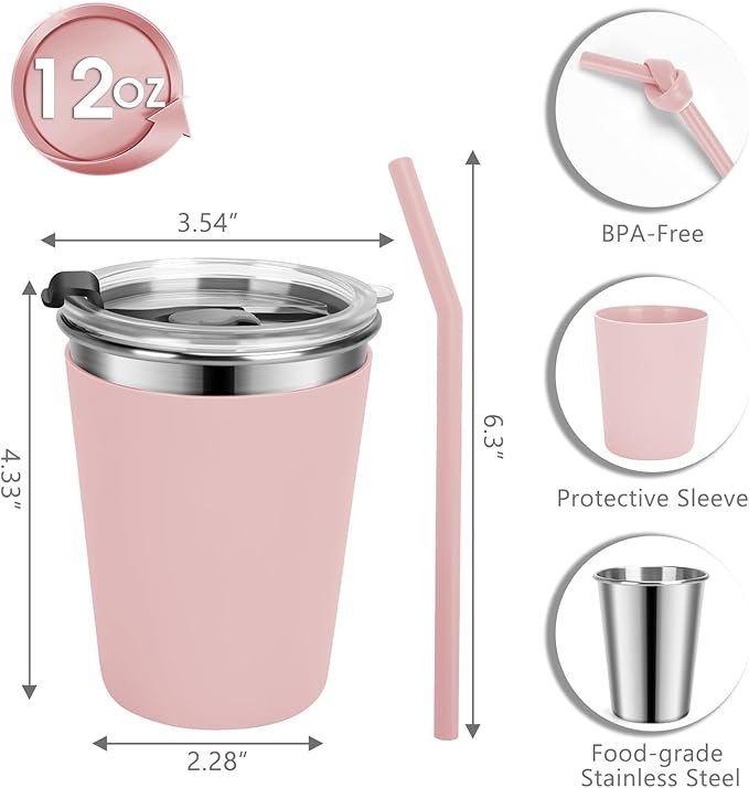 Stainless Steel Kids Cups with Lids and Straws Leakproof, 2 Pack 12oz Spill Proof Cups for Toddlers Kids Tumblers Unbreakable Sippy Cup with Straws for School, Outdoor (Blue & Pink)