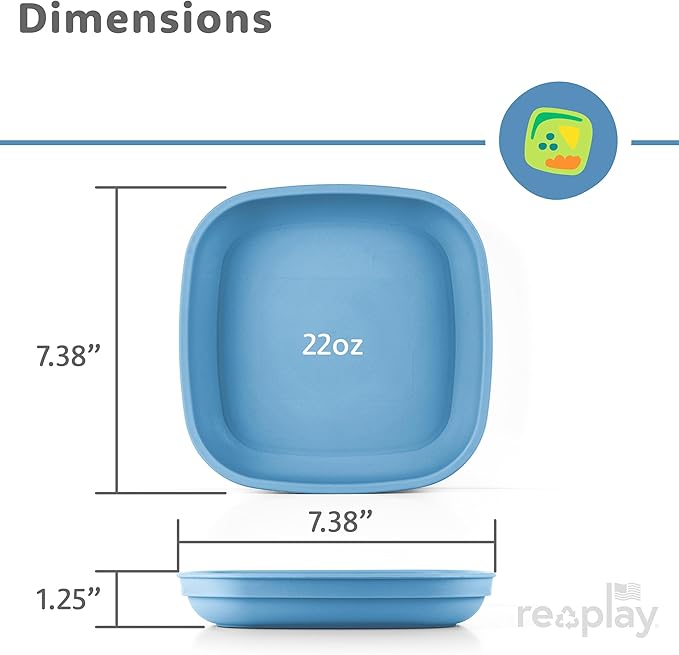 Re-Play Toddler Plates - 22 Oz. Deep-Walled Flat Kids Plates - Dishwasher & Microwave Safe - Made in USA - Set of 4-7.37" x 7.37" x 1.25" - Modern Blue