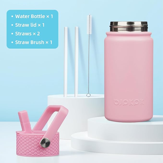 BJPKPK Insulated Water Bottle with Straw Lid, 15oz Cute Water Bottles, Stainless Steel Metal Thermo, Reusable BPA Free Leak Proof Tumblers, Cups,Pink