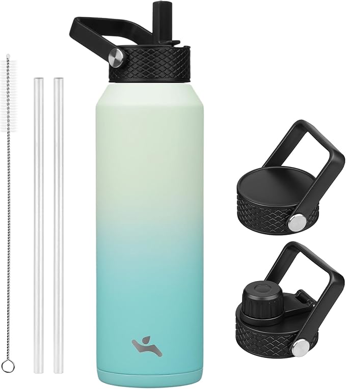40oz Insulated Stainless Steel Water Bottle with Straw and 3 Lids, BPA-Free Sports Water Bottle,travel water bottle,Mint