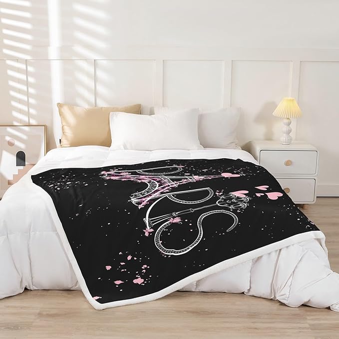 Eiffel Tower Fleece Throw Blanket - Chic Paris Plush for Sofa, Couch, Bed - Romantic Theme Fuzzy Black Pink Bedroom Decor - Modern French Style Sherpa King 87"x95"