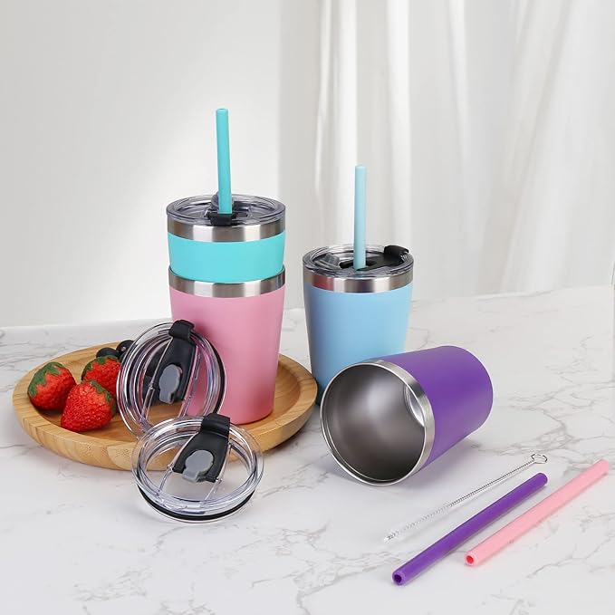 Toddler Straw Cups, 8oz Stainless Steel Insulated Tumblers with Lids and Straws, Powder Coated Double Wall Vacuum Kids Drinking Sippy Cups for Baby Boys Girls, 4 Pack