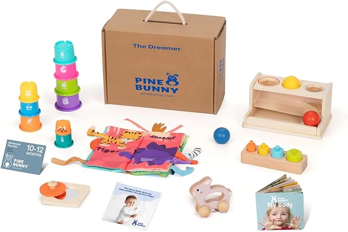 Pine Bunny Montessori Wooden 11-in-1 Toy Set for 10+ Months, Cylinder Block, Push Ball Box, Mirror Puzzle, Stacking Cups Rabbit Rattle Soft Book Educational Learning Color Recognition Fine Motor Toys