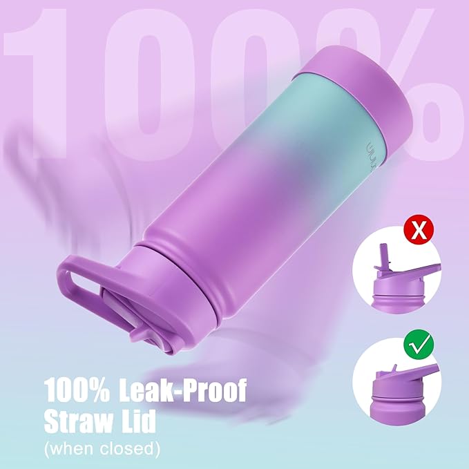 mininoo Insulated Water Bottle for School, 16oz Back to School Water Bottle with Straw Lid for Girls, Boys (Purple/Sky)